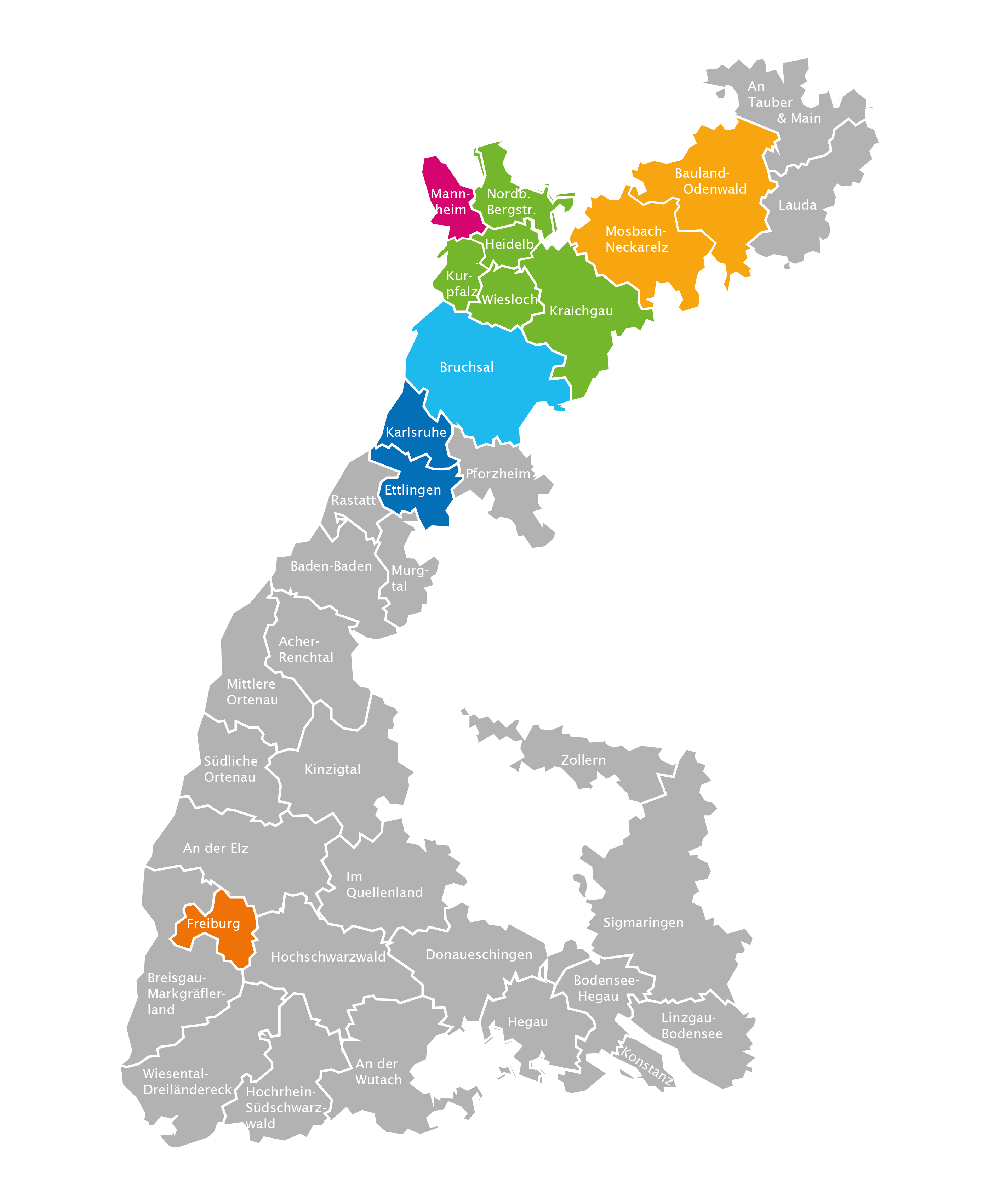 Landkarte des Bistums mit farblich markierten BDKJ-Regionalverbänden und grauen Umrissen der übrigen Regionen